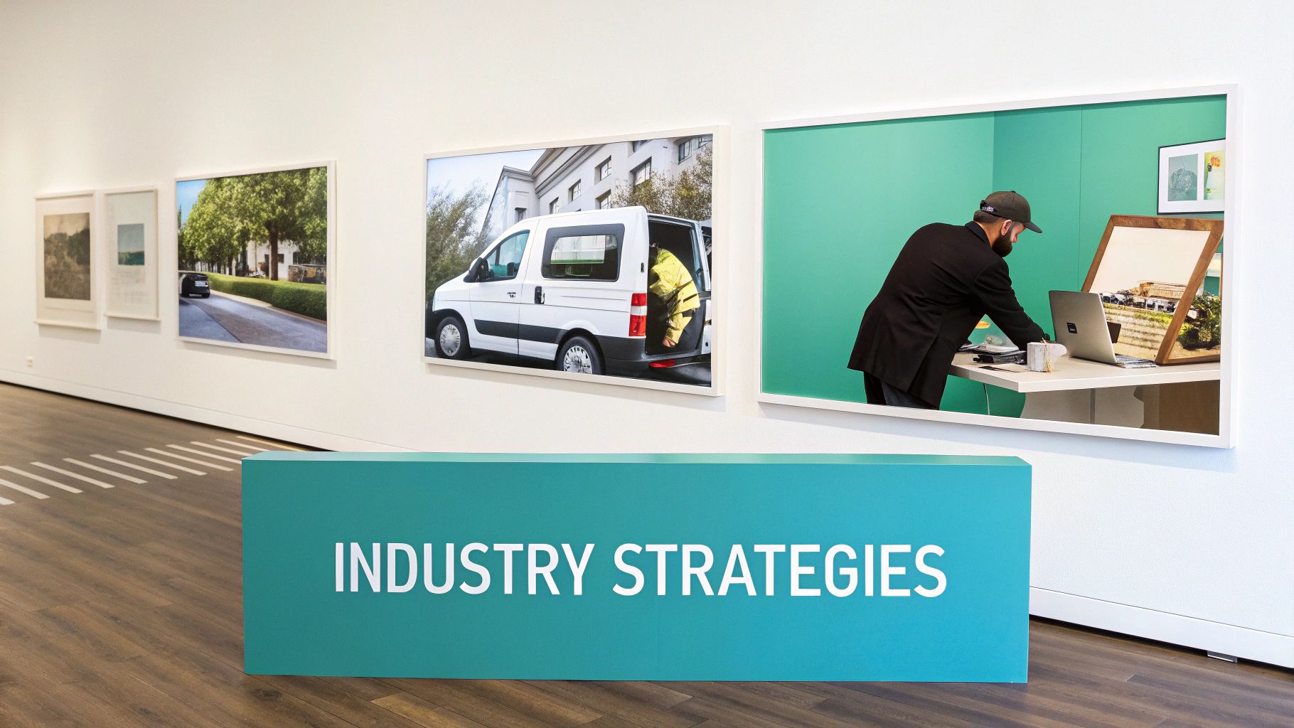 An exhibition space featuring a turquoise 'Industry Strategies' sign and framed photos on a white wall.