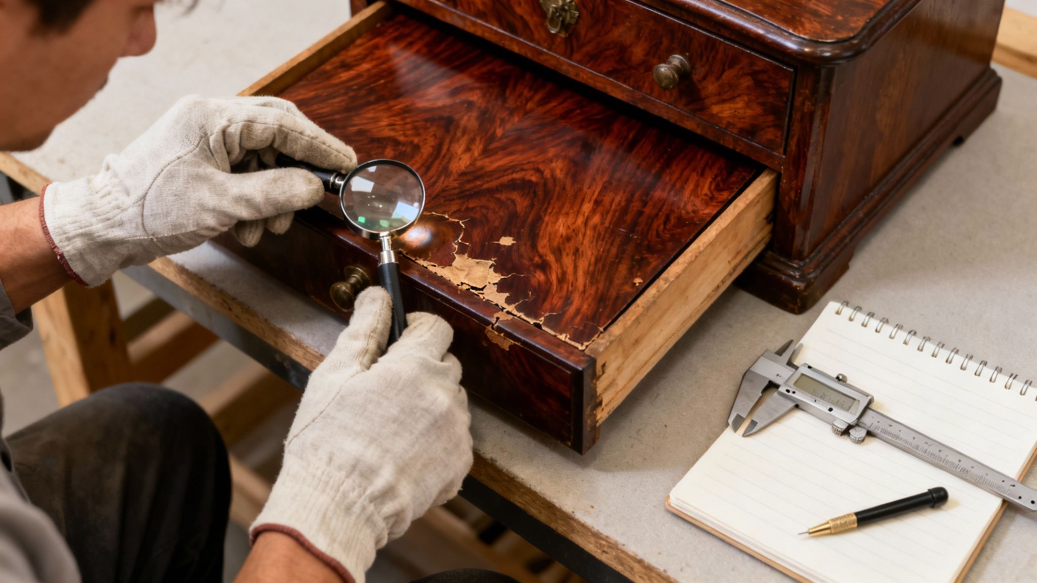 Person inspecting a damaged wooden drawer with a magnifying glass, highlighting restoration techniques for antique furniture, alongside a notebook and caliper for assessment.