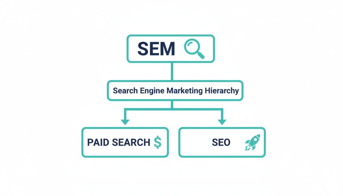 A diagram illustrating the Search Engine Marketing (SEM) hierarchy, comprising Paid Search and SEO.
