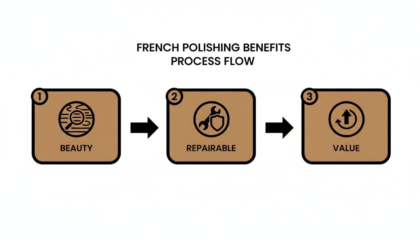 Flowchart illustrating the benefits of French polishing, highlighting three key elements: beauty, repairability, and value, relevant to antique furniture restoration.