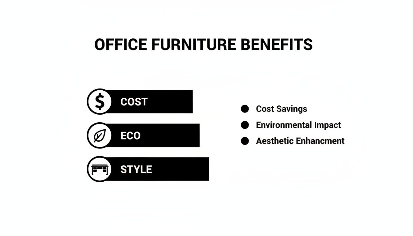 An infographic outlining the benefits of office furniture, including cost, eco-friendliness, and style.