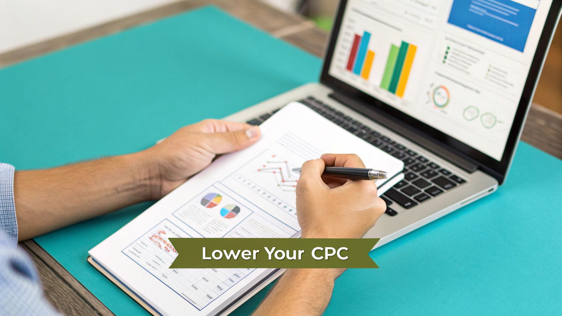 Person analyzing business data on a document and laptop, focusing on cost per click optimization.