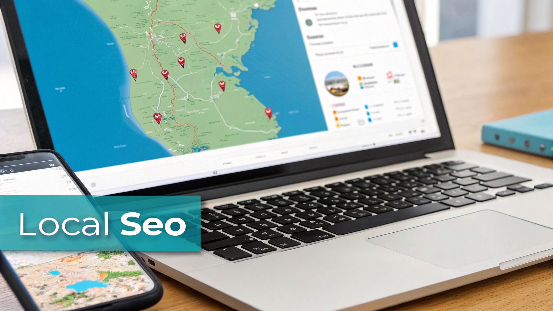 Laptop and smartphone displaying local search results on a map with location pins, featuring 'Local Seo'.