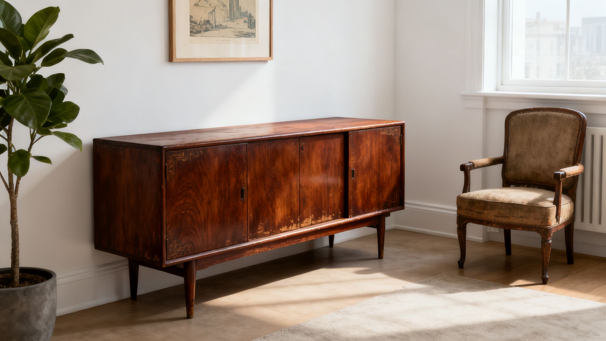A vintage wooden credenza, potted plant, and antique armchair in a sunlit room.