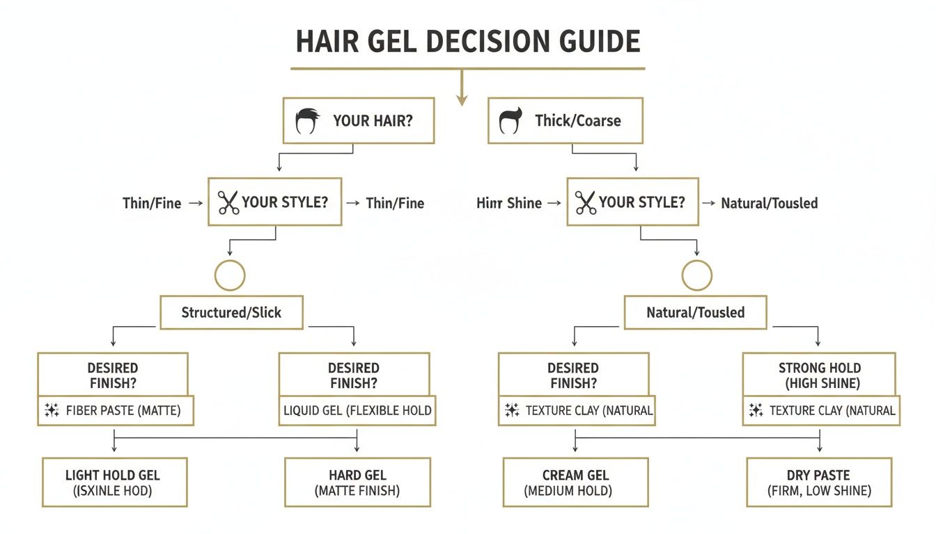 A flowchart decision guide for selecting the best hair gel based on hair type, style, and desired finish.