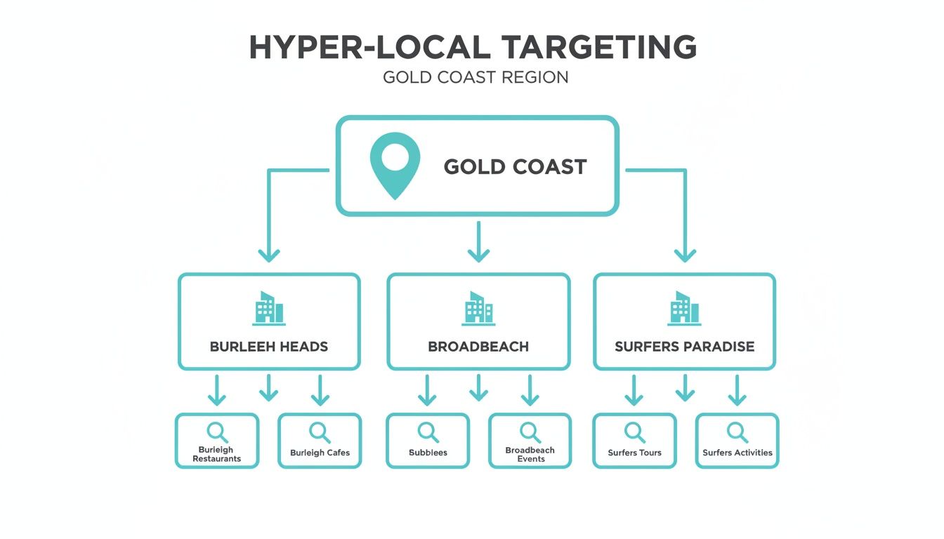 A flowchart showing hyper-local targeting for the Gold Coast region, breaking down into suburbs and activities.