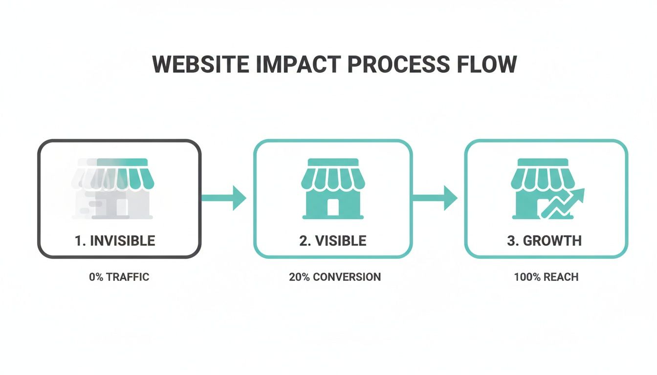 Website impact process flow diagram showing stages: invisible (0% traffic), visible (20% conversion), and growth (100% reach).