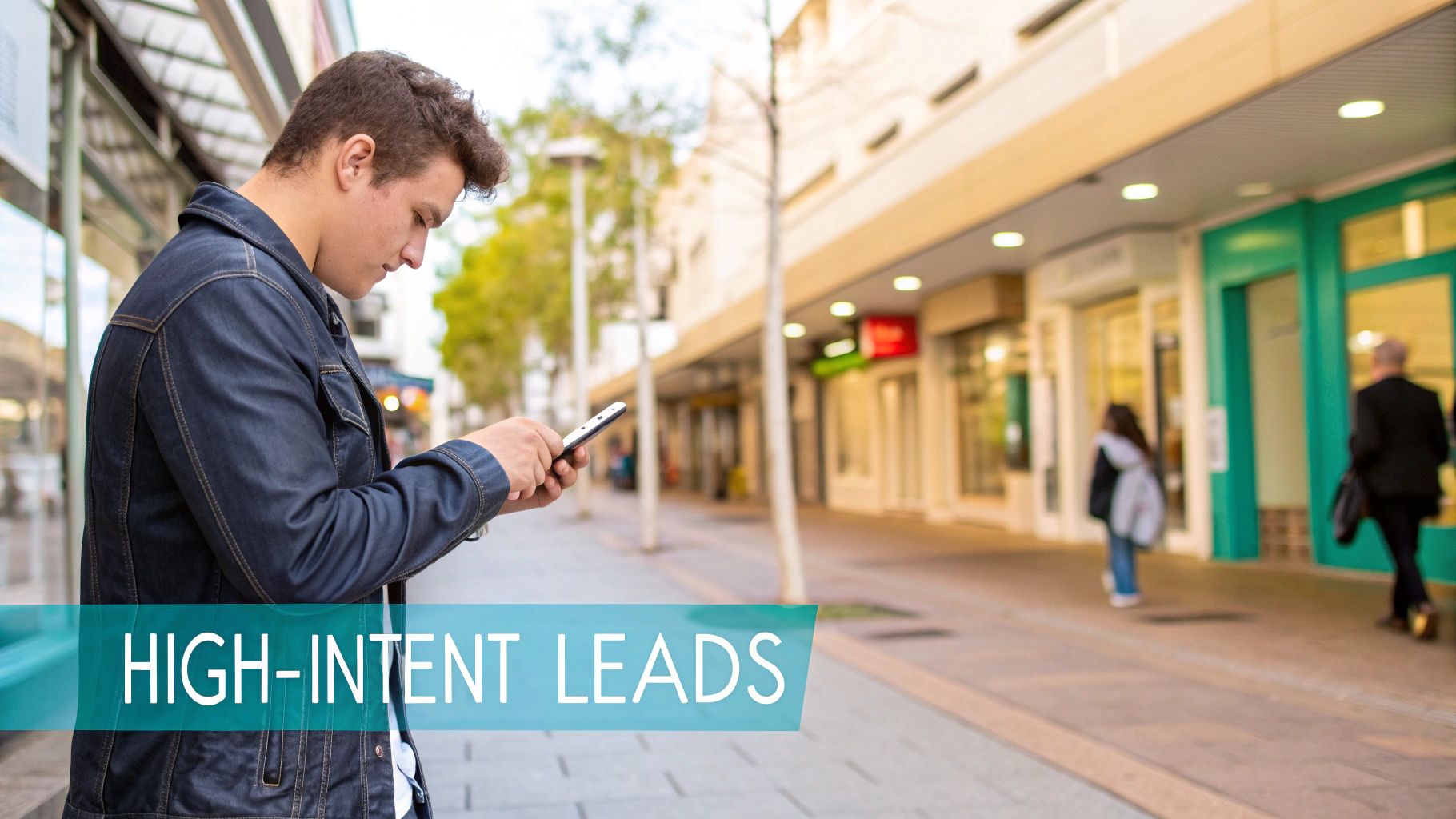 A young man in a denim jacket walks on a city sidewalk, intently looking at his smartphone.