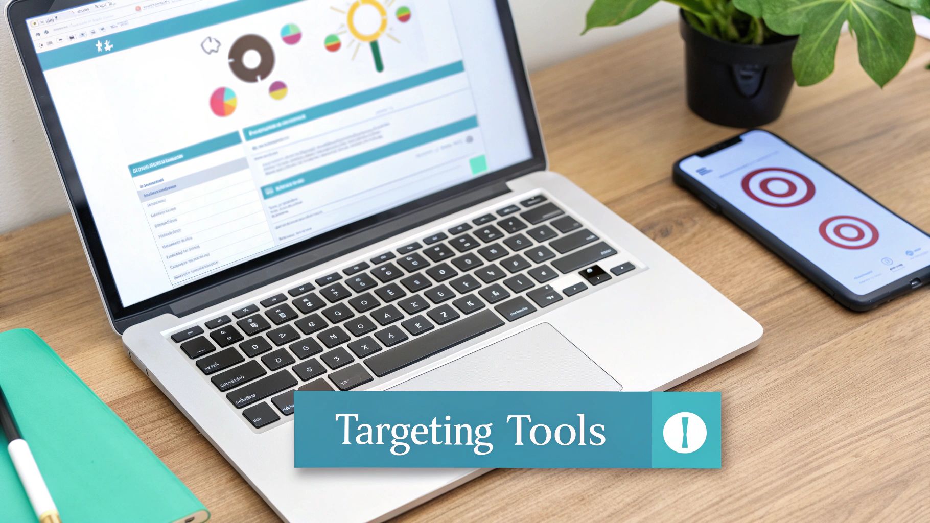 A laptop screen showing marketing analytics charts and a smartphone with target symbols, with 'Targeting Tools' banner.