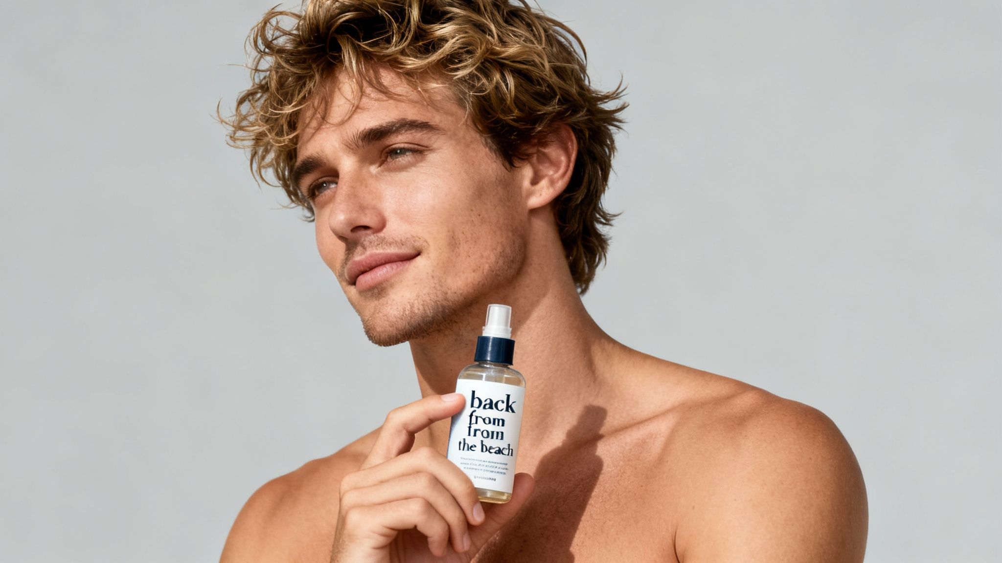 A handsome man with wavy blonde hair holds a 'back from the beach' spray bottle.