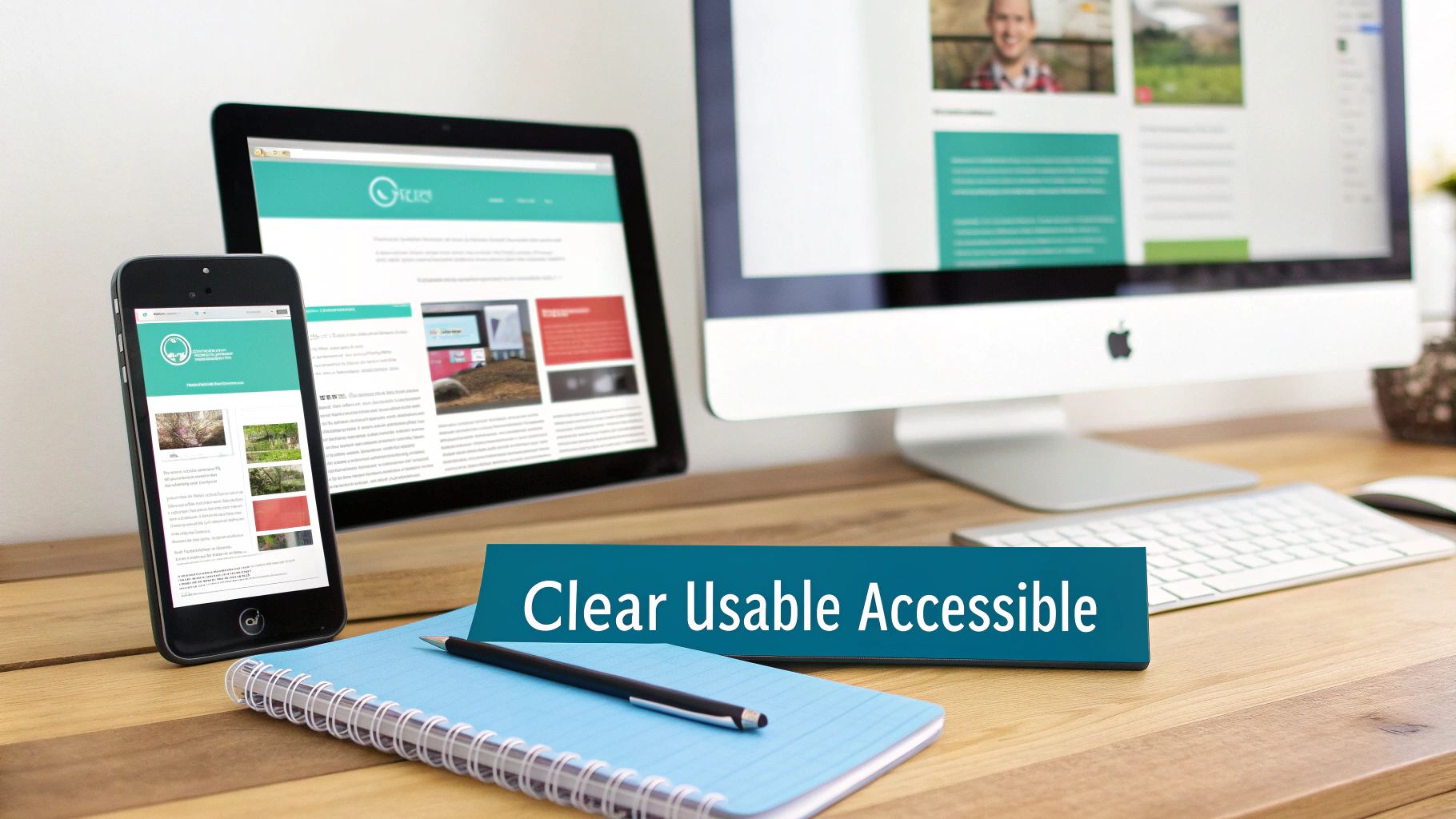 Responsive website design displayed across a smartphone, tablet, and desktop computer, highlighting clear, usable, and accessible principles.