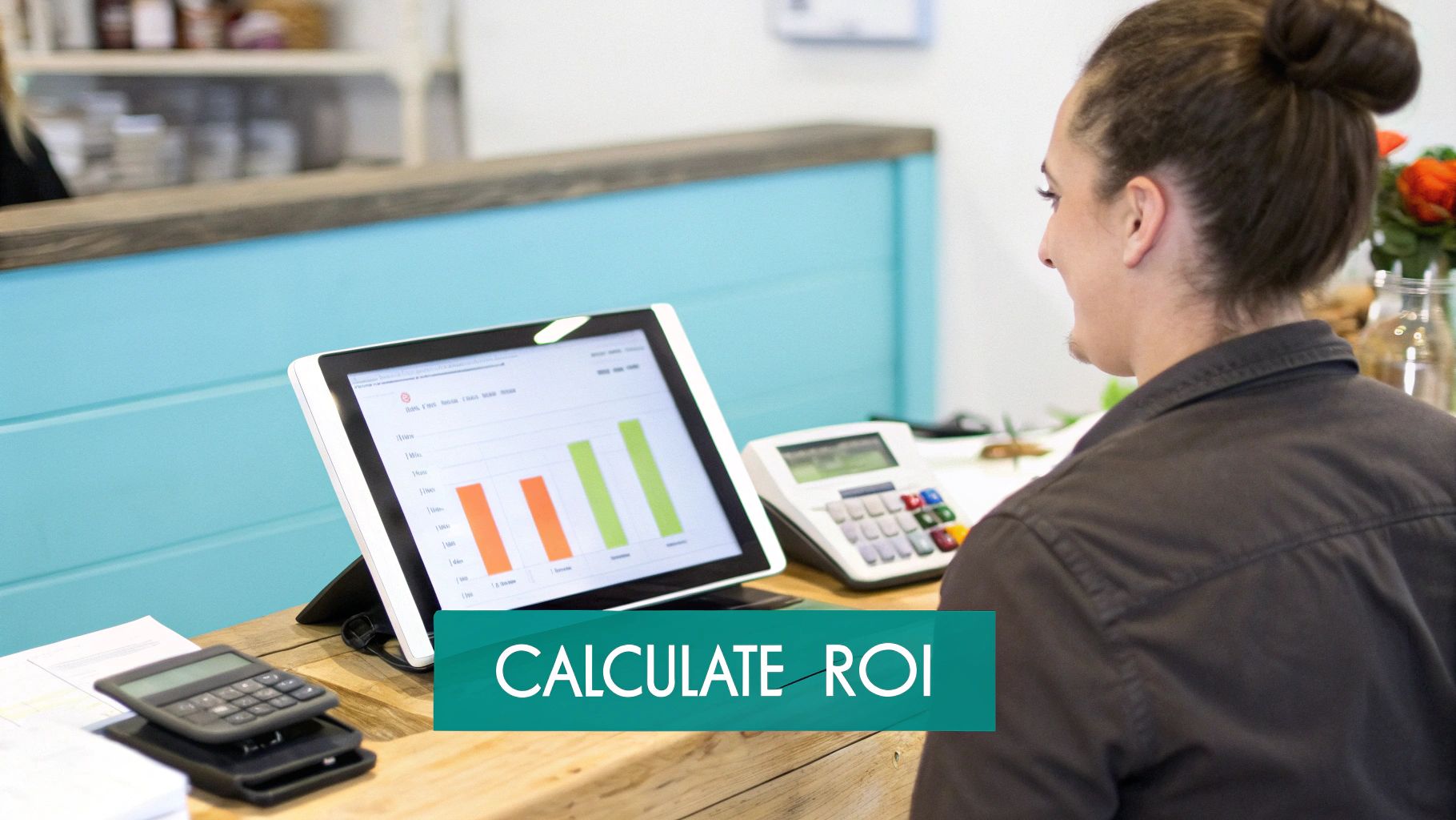 A person at a desk with two calculators and a tablet displaying a bar graph to calculate ROI.