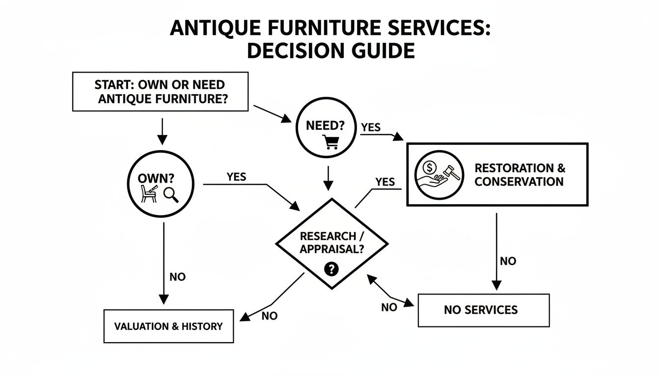 A flowchart guiding decisions for antique furniture services, including ownership, need, appraisal, and restoration.