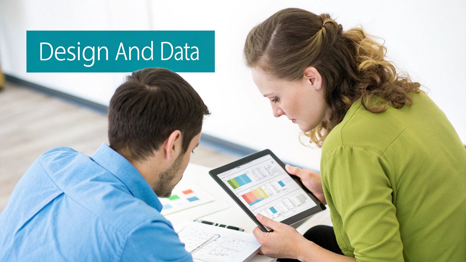 Two business professionals reviewing design and data on a tablet and paper during a meeting.