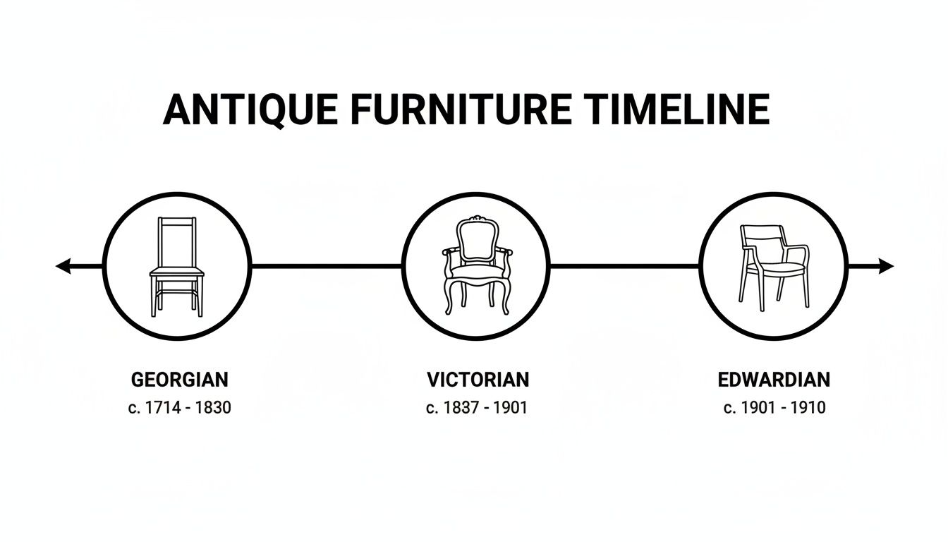 Antique furniture timeline illustrating Georgian, Victorian, and Edwardian styles with corresponding dates, emphasizing historical significance and restoration context.