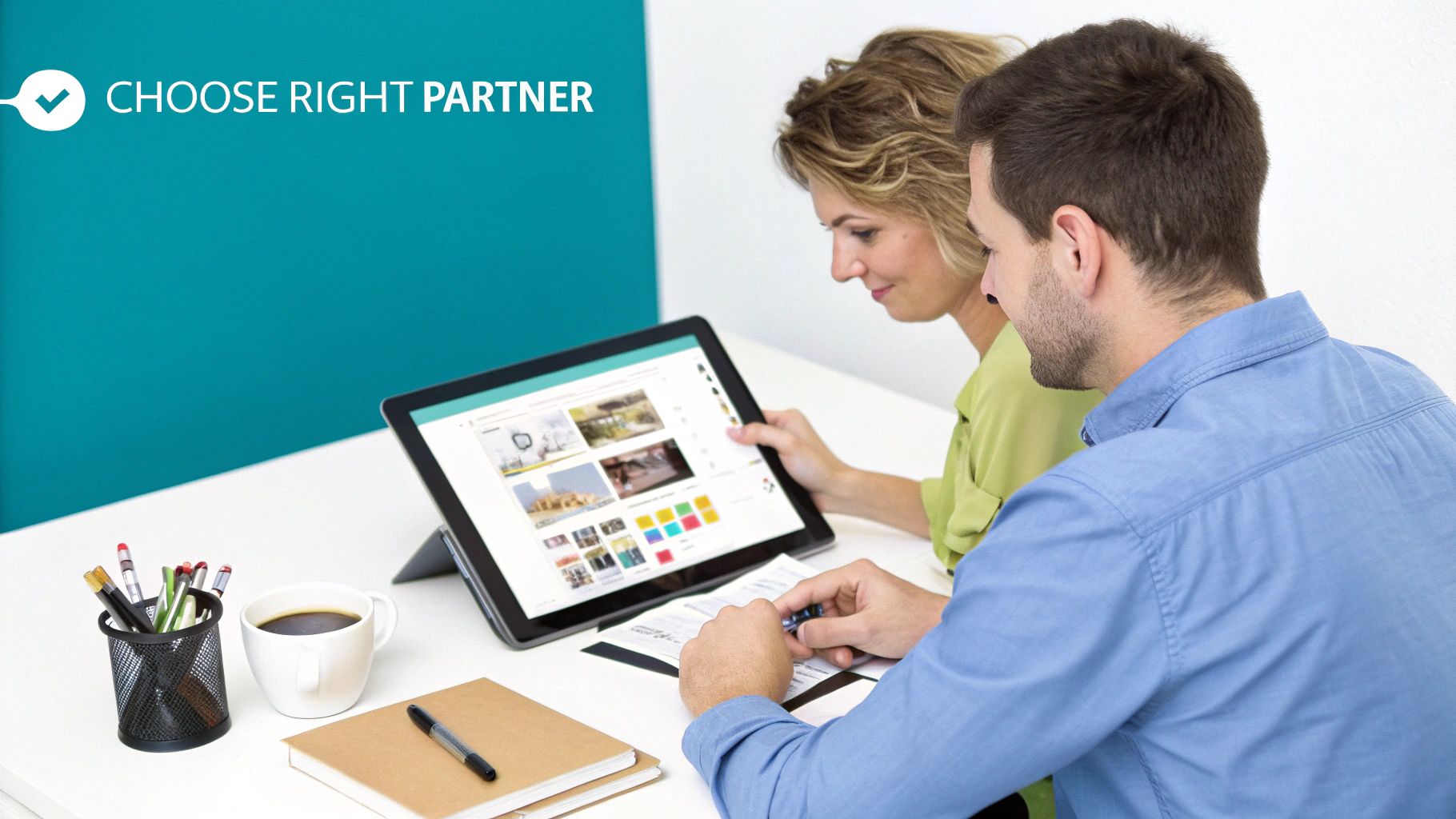 Colleagues reviewing web designs on a tablet, showcasing partnership and digital collaboration.