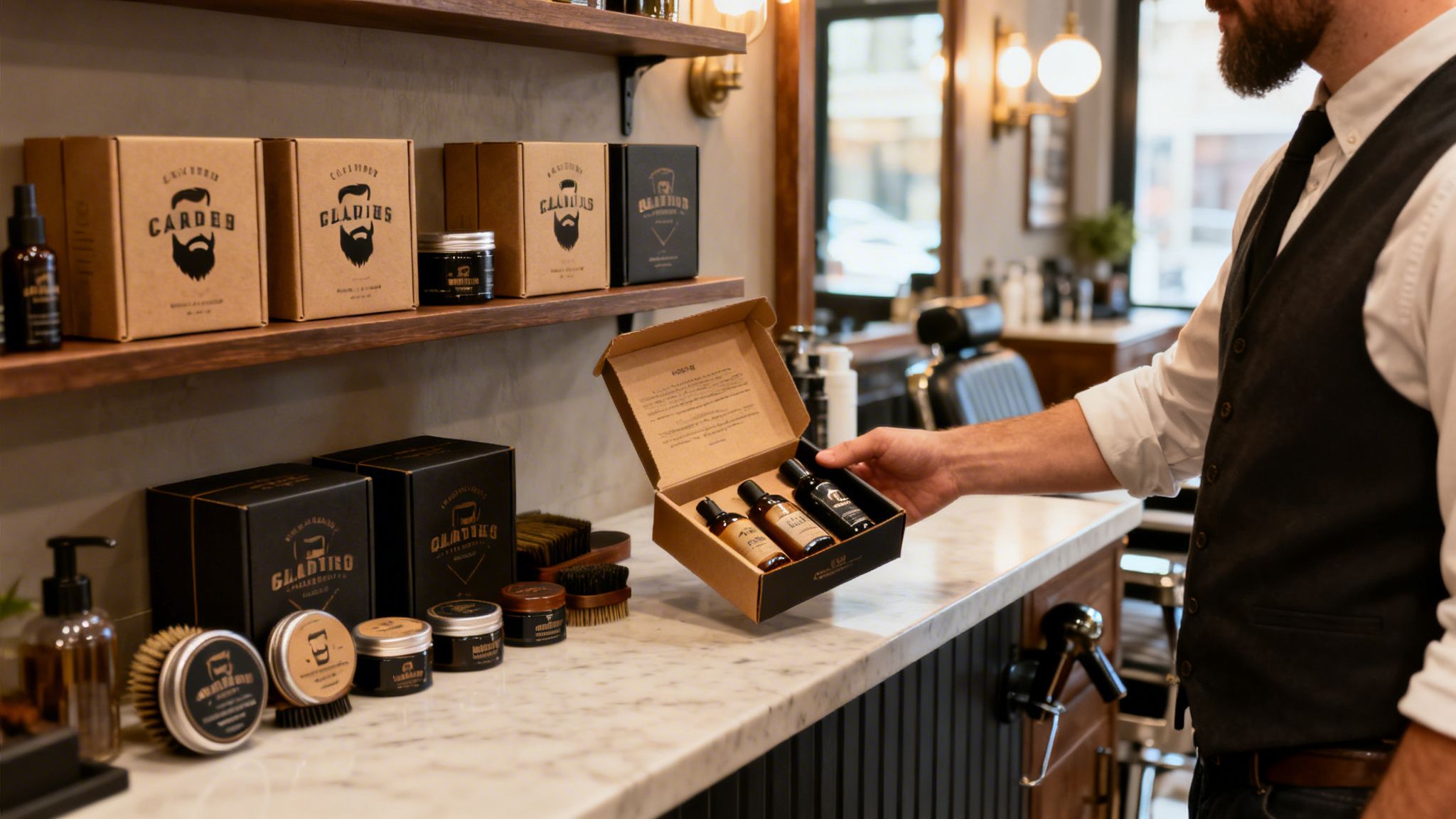 Man holding a beard care kit box with bottles in a barbershop, surrounded by various beard products.