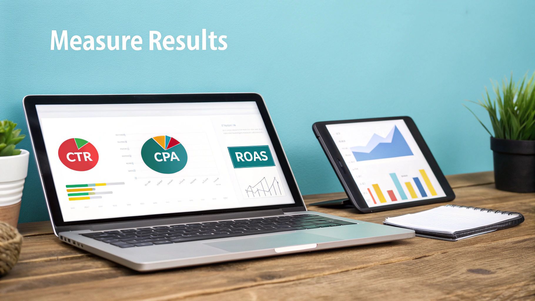 A laptop and tablet display digital marketing metrics, including CTR, CPA, and ROAS, for measuring results.