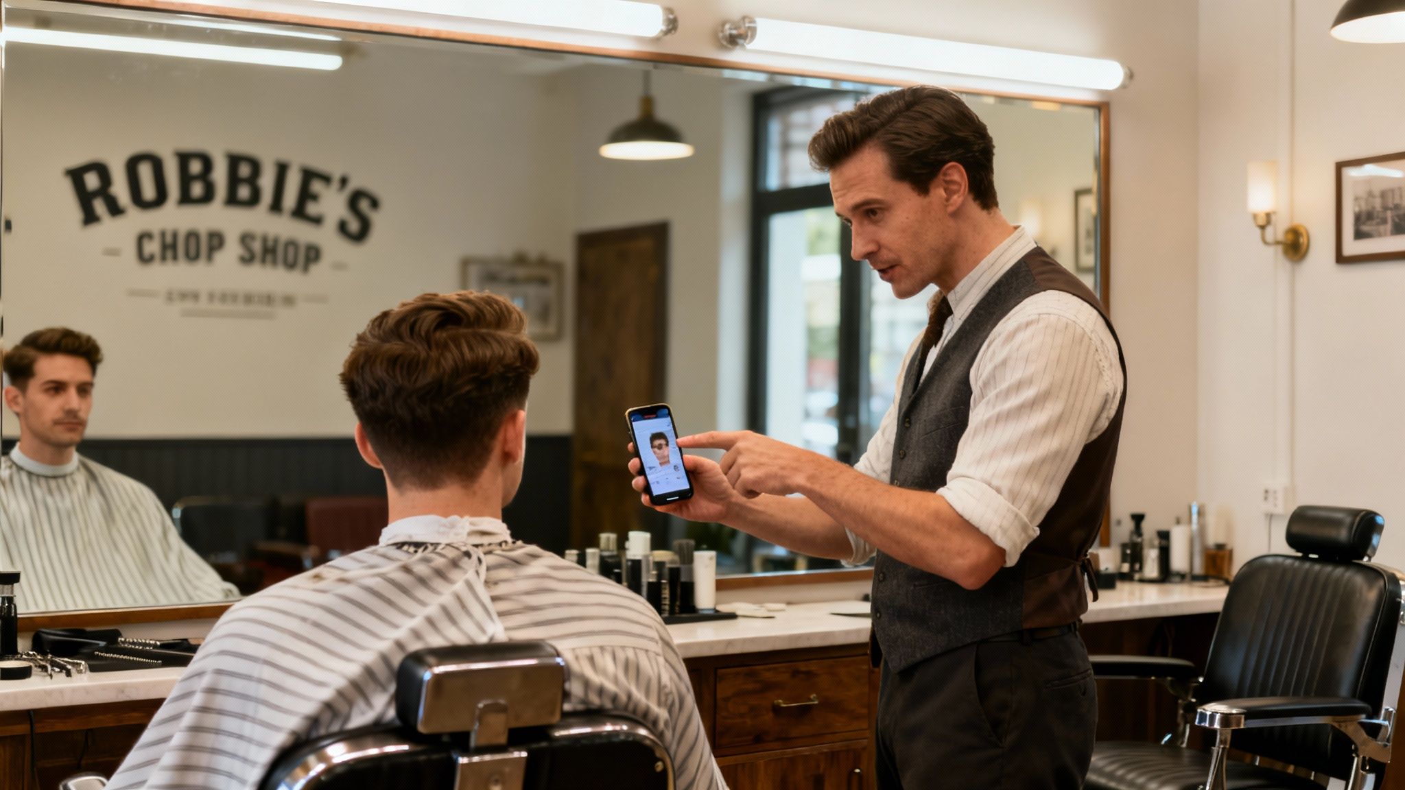 A barber in a vest shows haircut styles on a smartphone to a client in a striped cape.