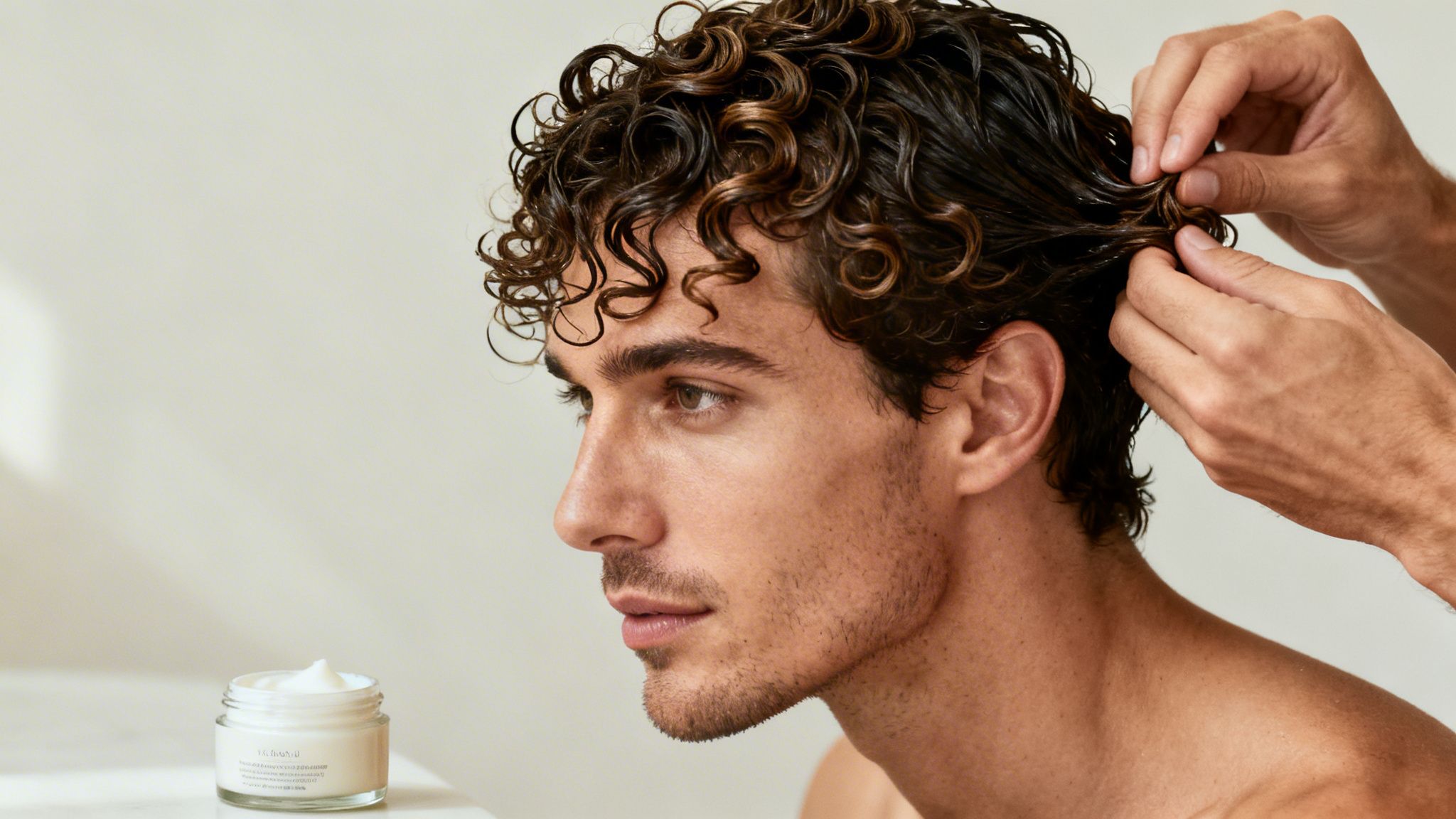 Close-up of a man with curly hair receiving a hair treatment, with a product jar visible.