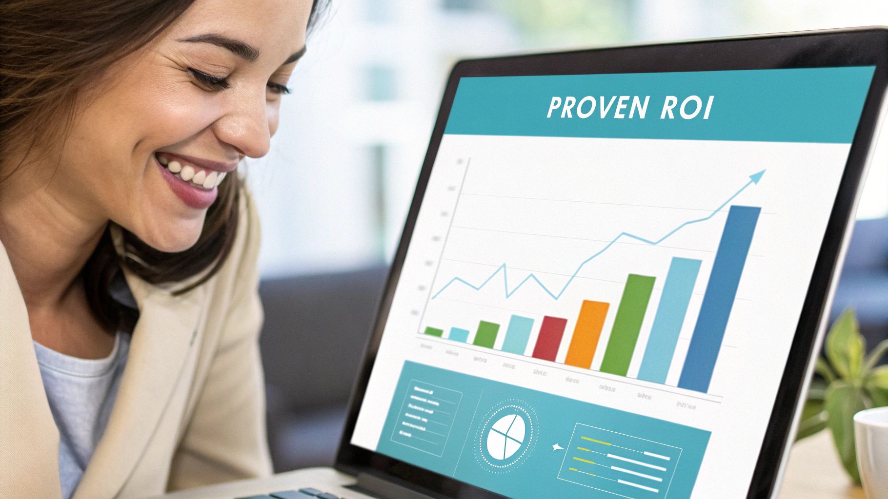 Smiling woman looking at a laptop displaying a 'PROVEN ROI' business growth graph.