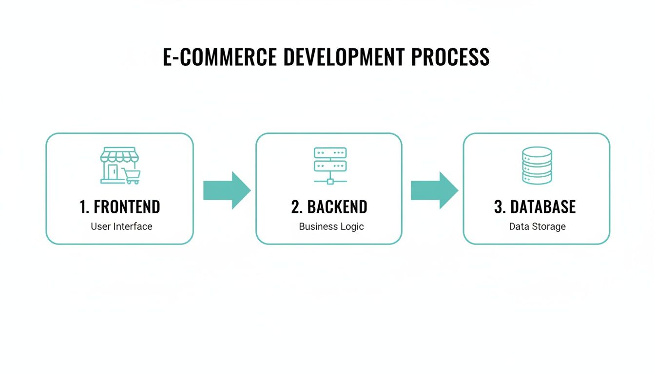 Diagram illustrating the E-commerce Development Process with three key steps: Frontend, Backend, and Database.