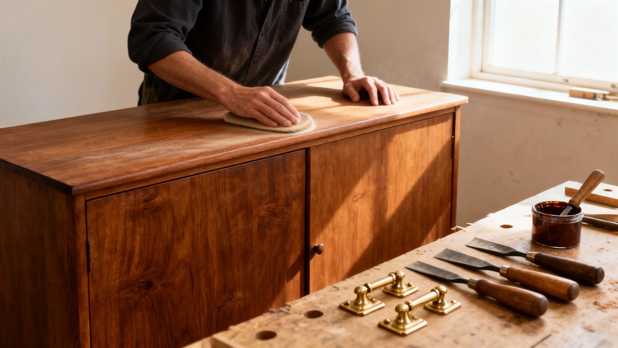 A person sands a mid-century wooden cabinet, with tools on a workbench nearby.