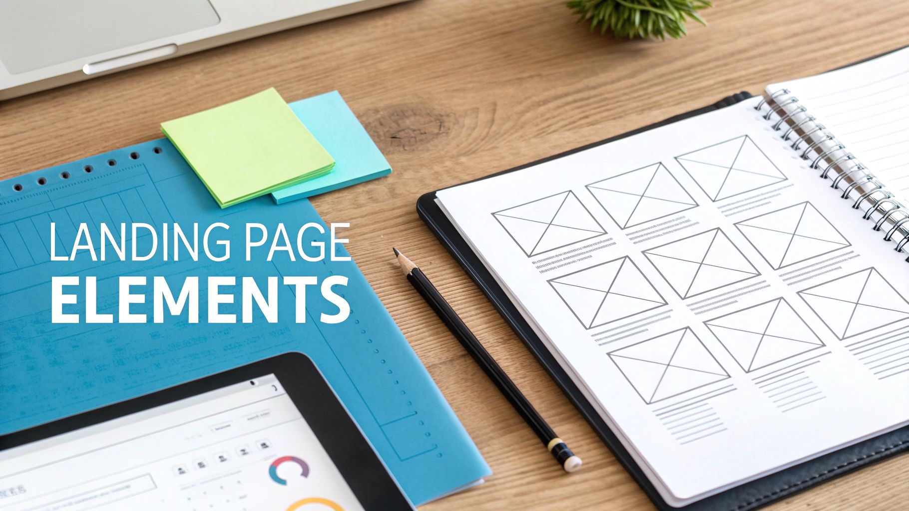 A desk with a laptop, tablet, and notebook displaying landing page wireframes and 'LANDING PAGE ELEMENTS' text.