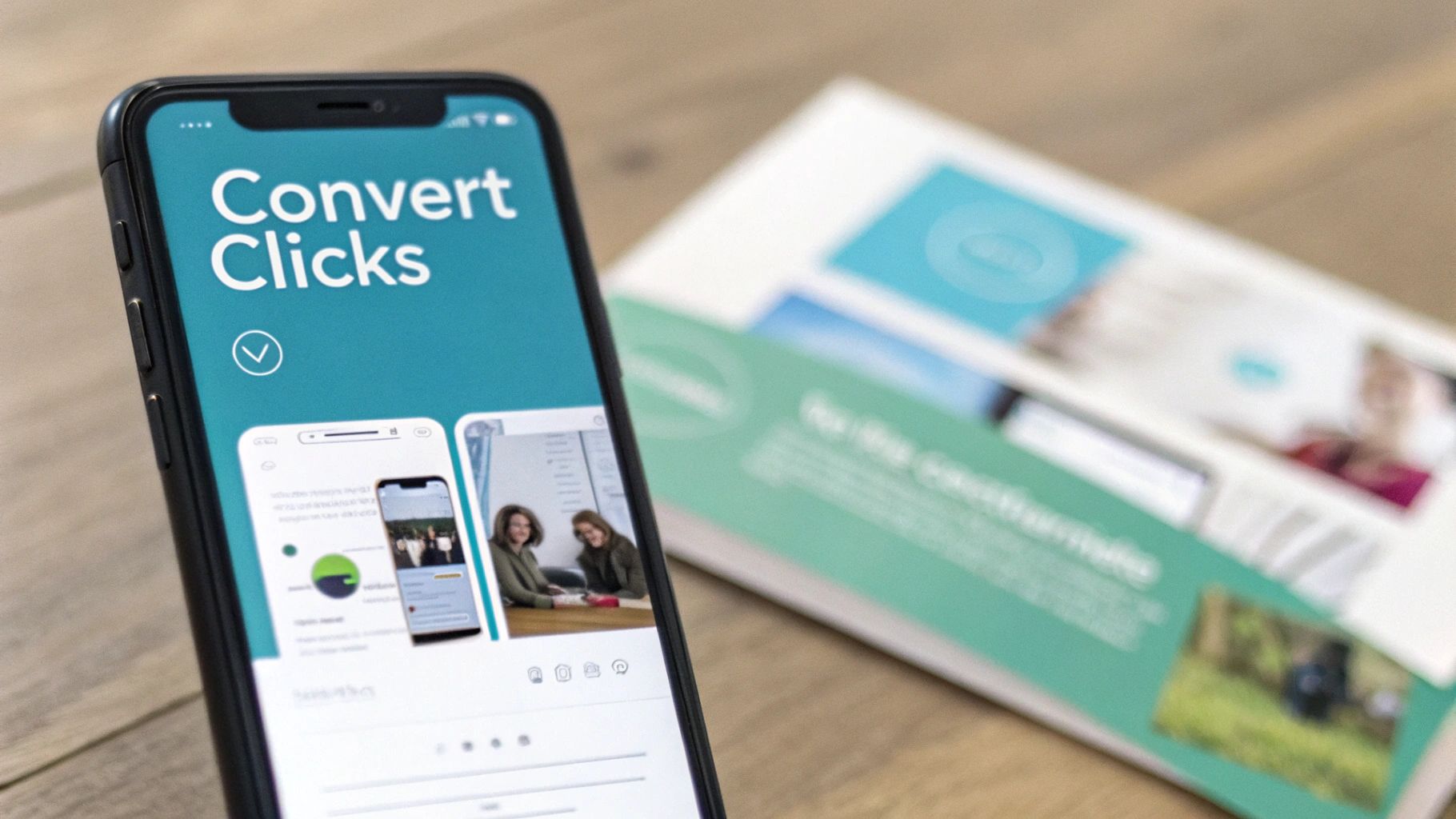 A close-up of a smartphone displaying the 'Convert Clicks' app and a blurred brochure on a table.