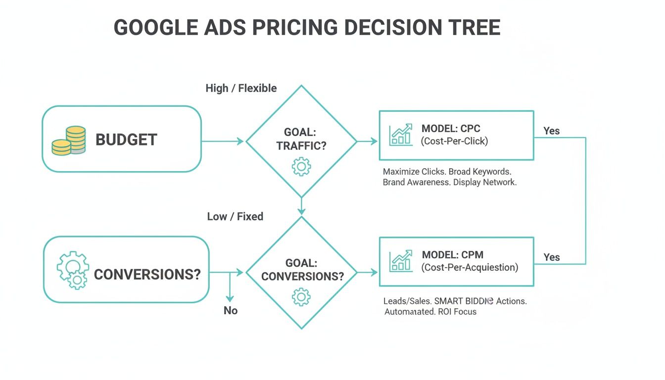 A Google Ads pricing decision tree flowchart showing how to choose between CPC and CPM models based on goals.