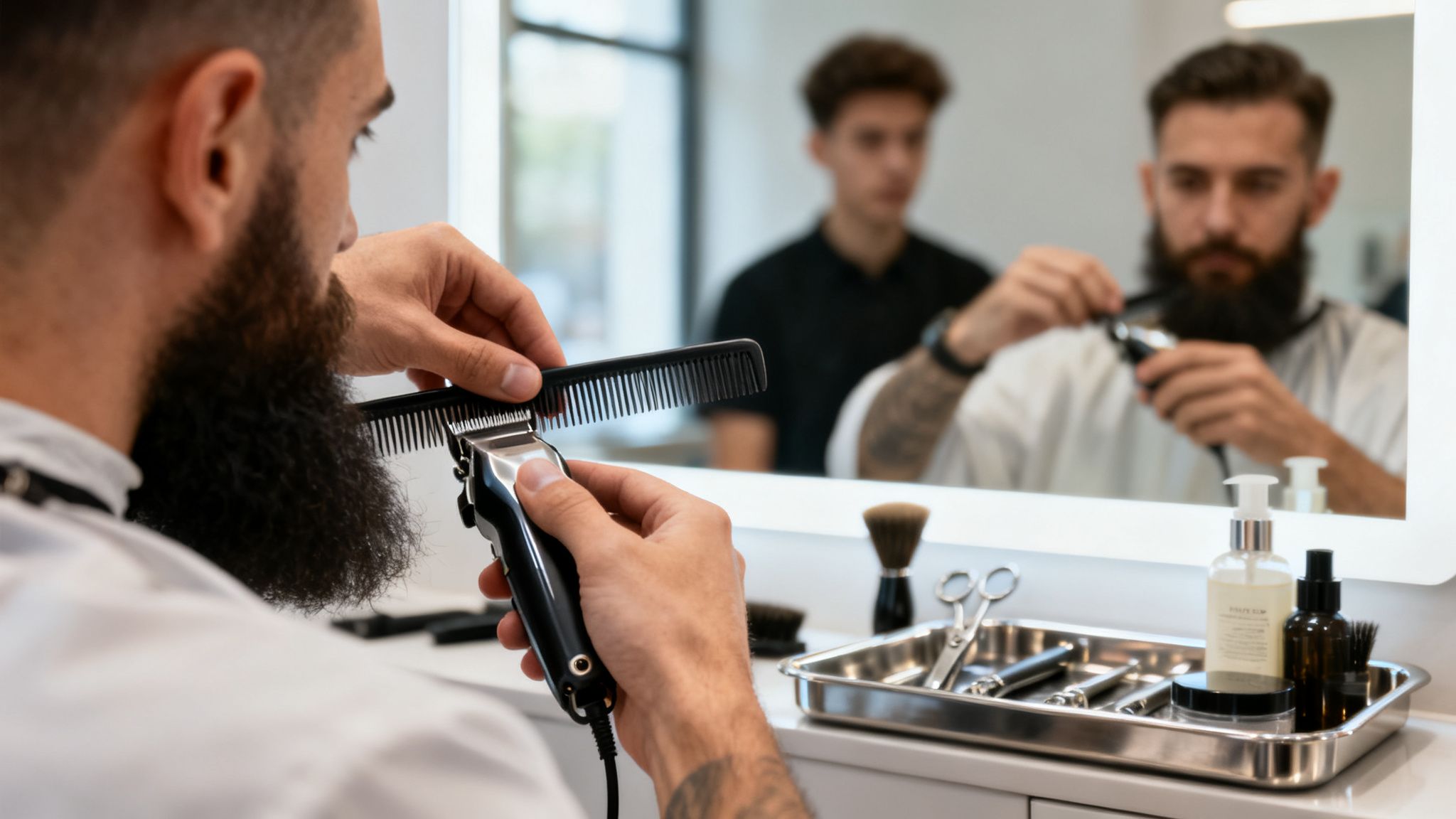 A barber trims a customer's beard using a clipper and comb, reflected in a mirror.