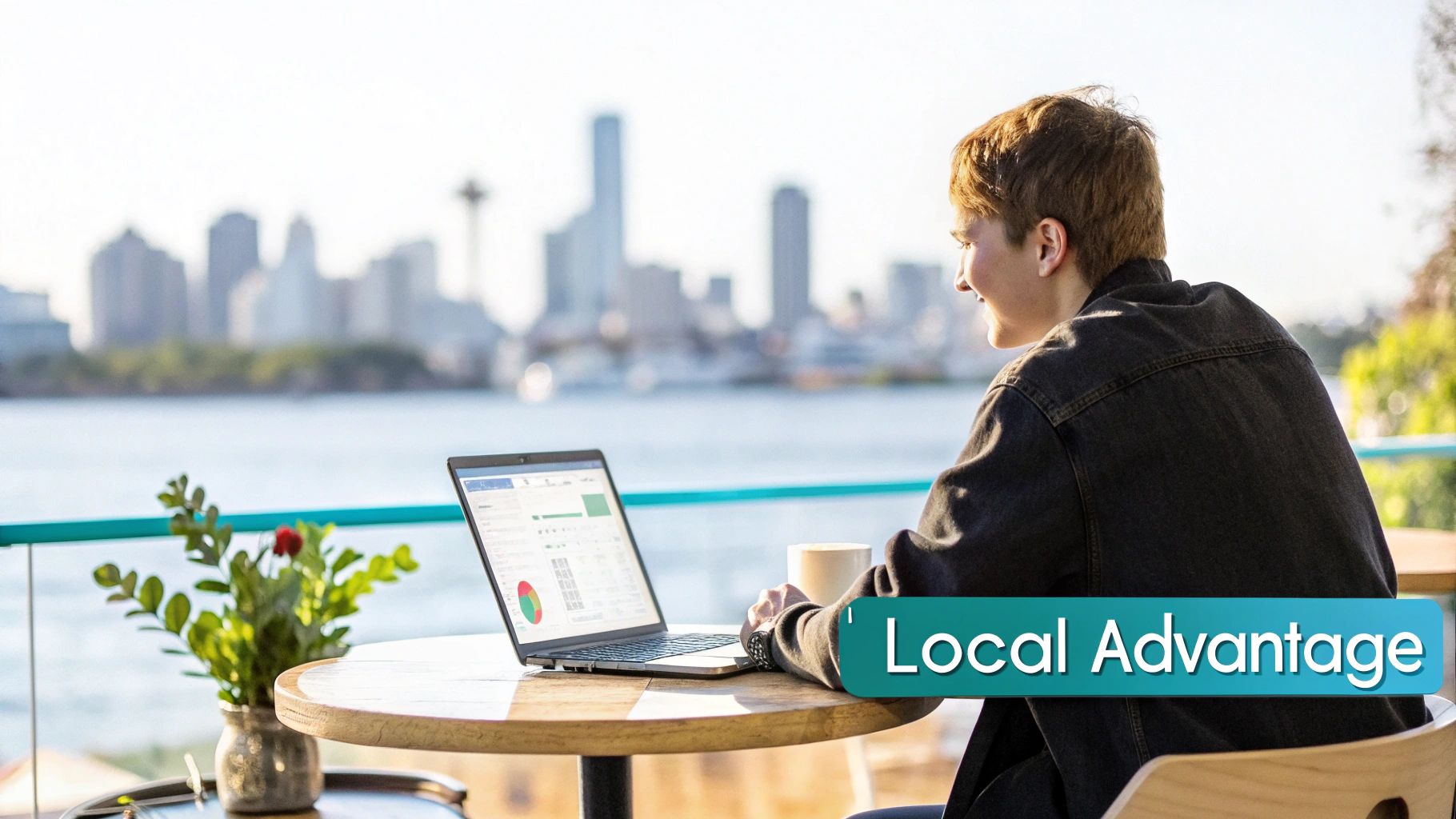 Young person smiling and working on a laptop outdoors on a patio with a city skyline view.