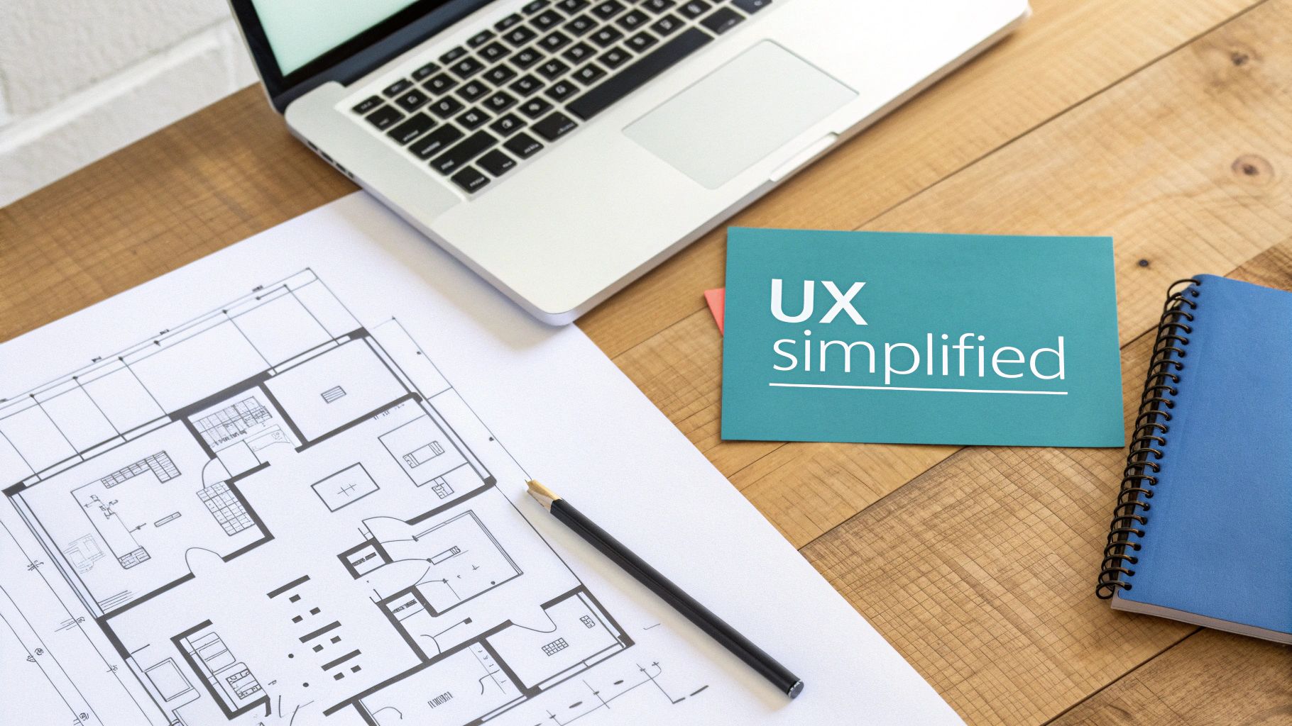 A flat lay of a design workspace with a laptop, architectural blueprint, and a card reading 'UX simplified'.