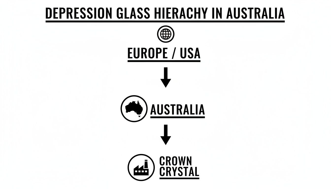 A black and white diagram illustrates the Depression Glass hierarchy in Australia, showing origins from Europe/USA to Crown Crystal.