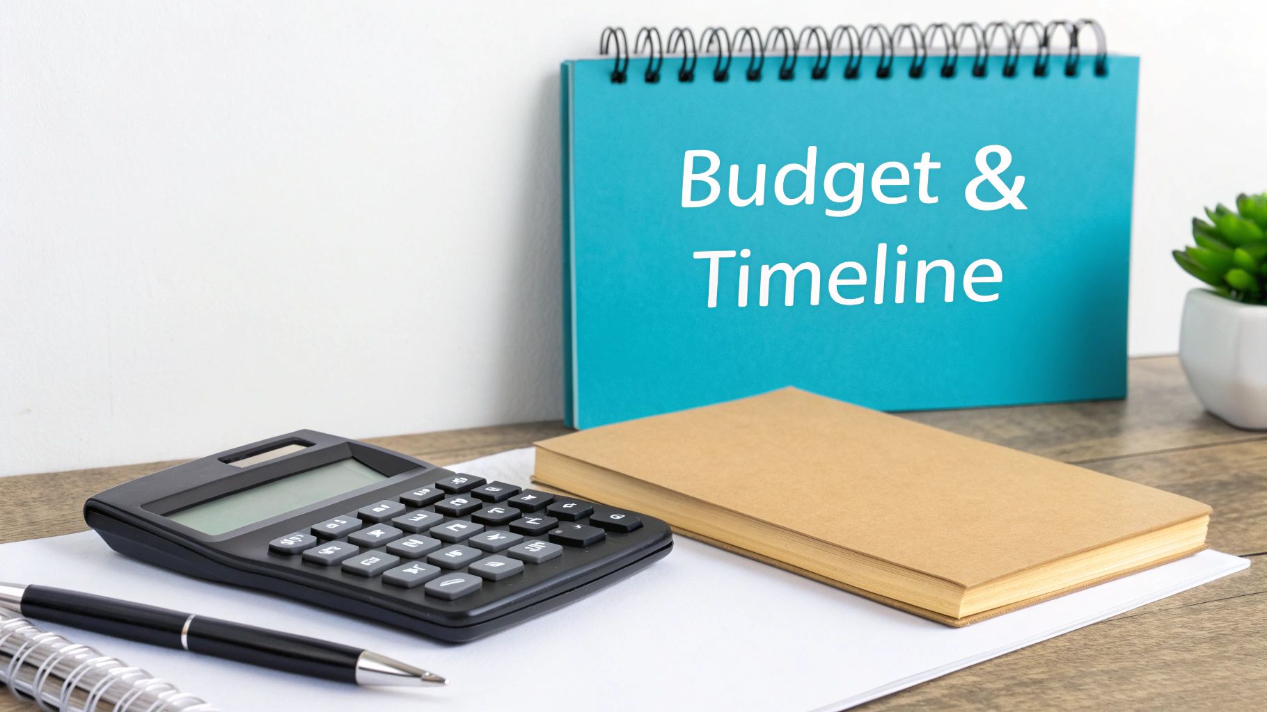 A desk with a calculator, pen, and a blue notebook displaying 'Budget & Timeline'.