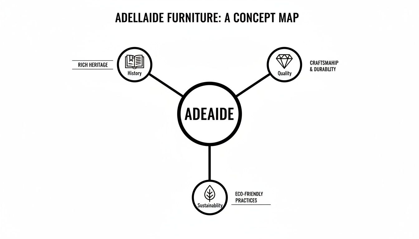 Concept map illustrating Adelaide Furniture's core values: rich heritage, quality craftsmanship, and eco-friendly practices.