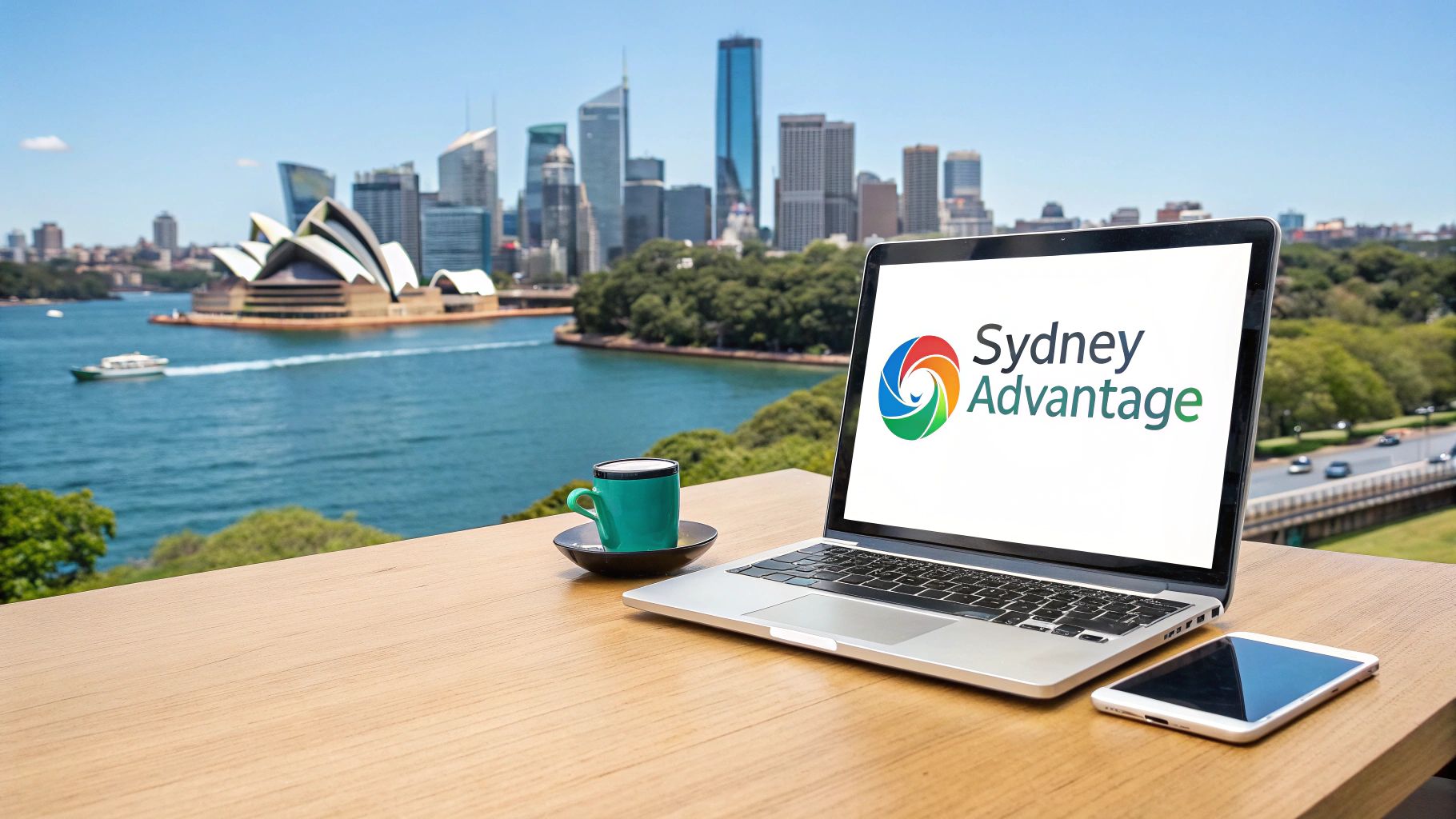 Laptop with 'Sydney Advantage' logo, coffee cup, and phone on a table overlooking Sydney Harbour and cityscape.