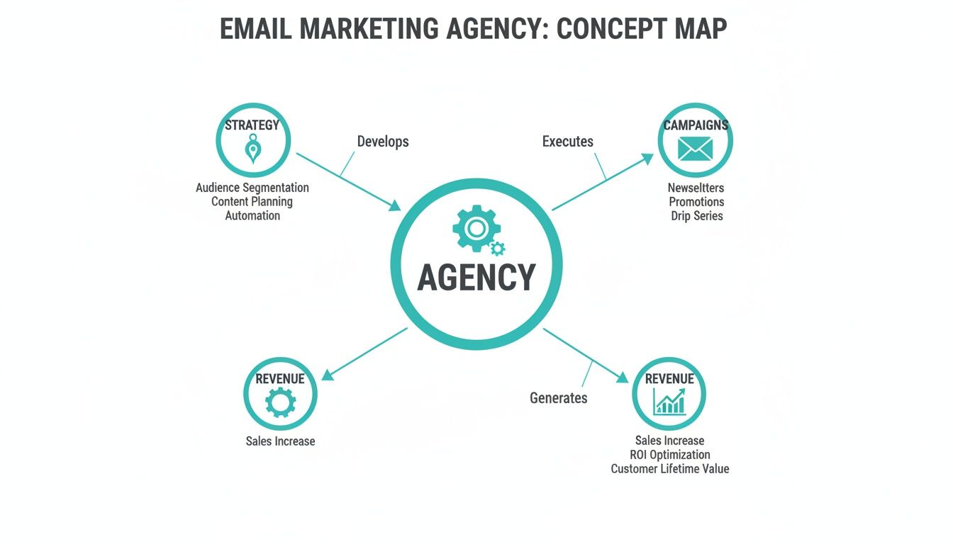 A concept map showing an email marketing agency's strategy, campaigns, and revenue generation.
