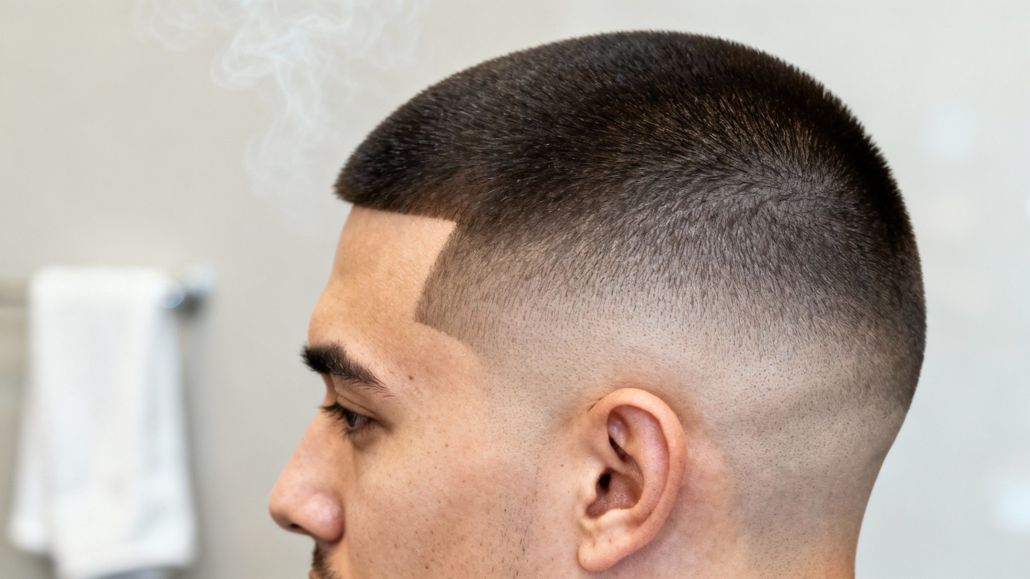 Side profile of a man showcasing a fresh, sharp skin fade haircut with an intricate line design.