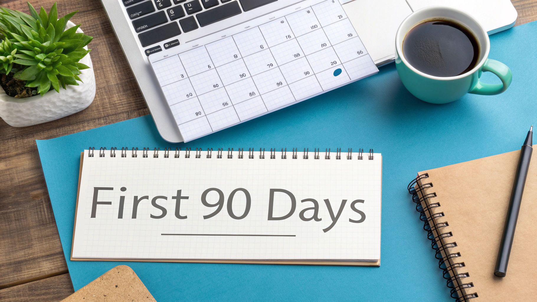 Overhead view of a workspace desk with 'First 90 Days' notebook, laptop, calendar, coffee, and plant.