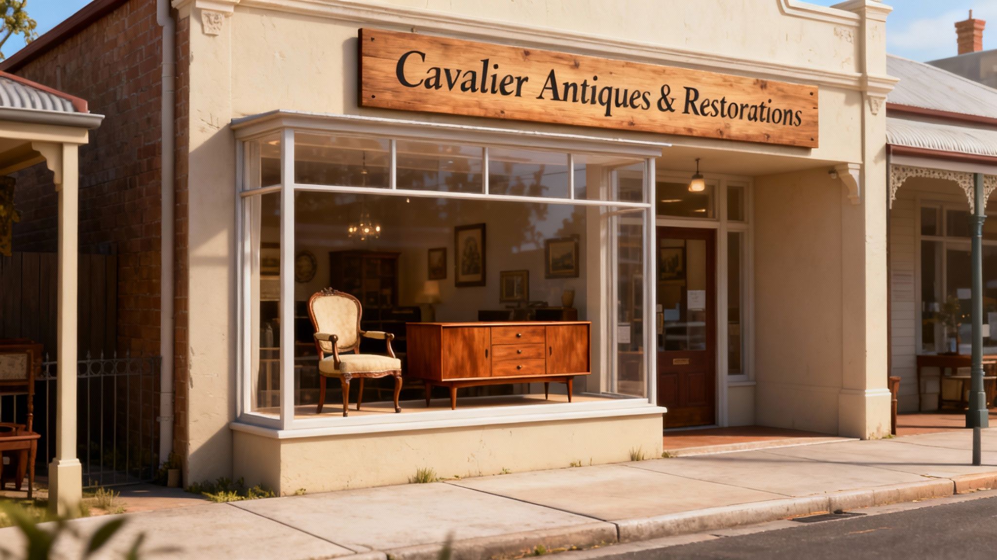 Exterior view of Cavalier Antiques & Restorations, a vintage shop featuring an ornate chair and wooden cabinet.