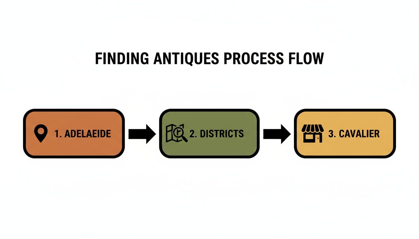 Finding antiques process flow diagram illustrating steps to explore antiques in Adelaide, featuring locations, districts, and Cavalier Antiques and Restorations.