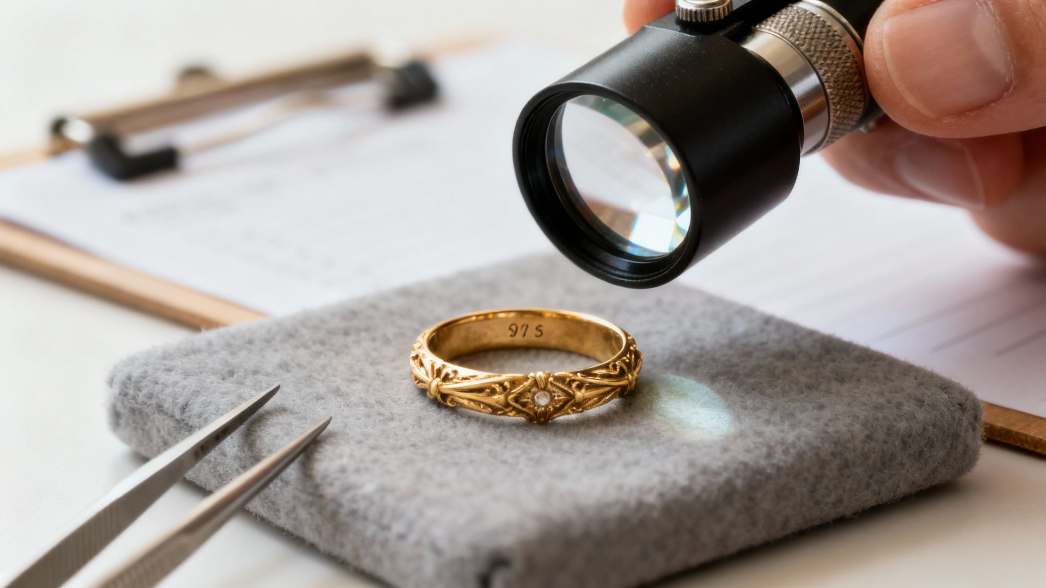 Close-up of a jeweler using a magnifying loupe to examine an ornate gold ring.