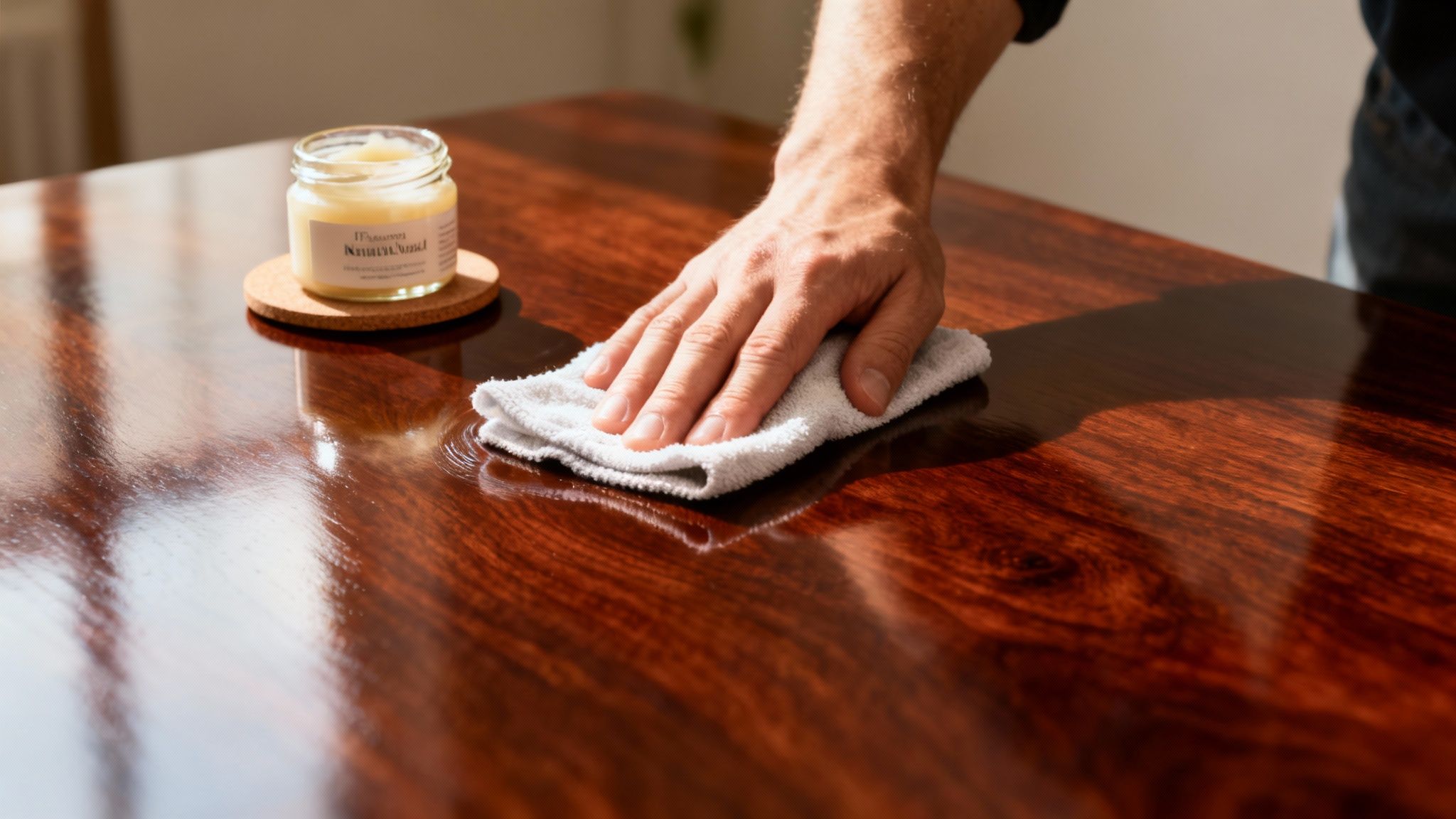 Person gently polishing a beautifully restored wooden table with a microfiber cloth, showcasing the deep, lustrous finish typical of French polishing, with a jar of furniture care product nearby.