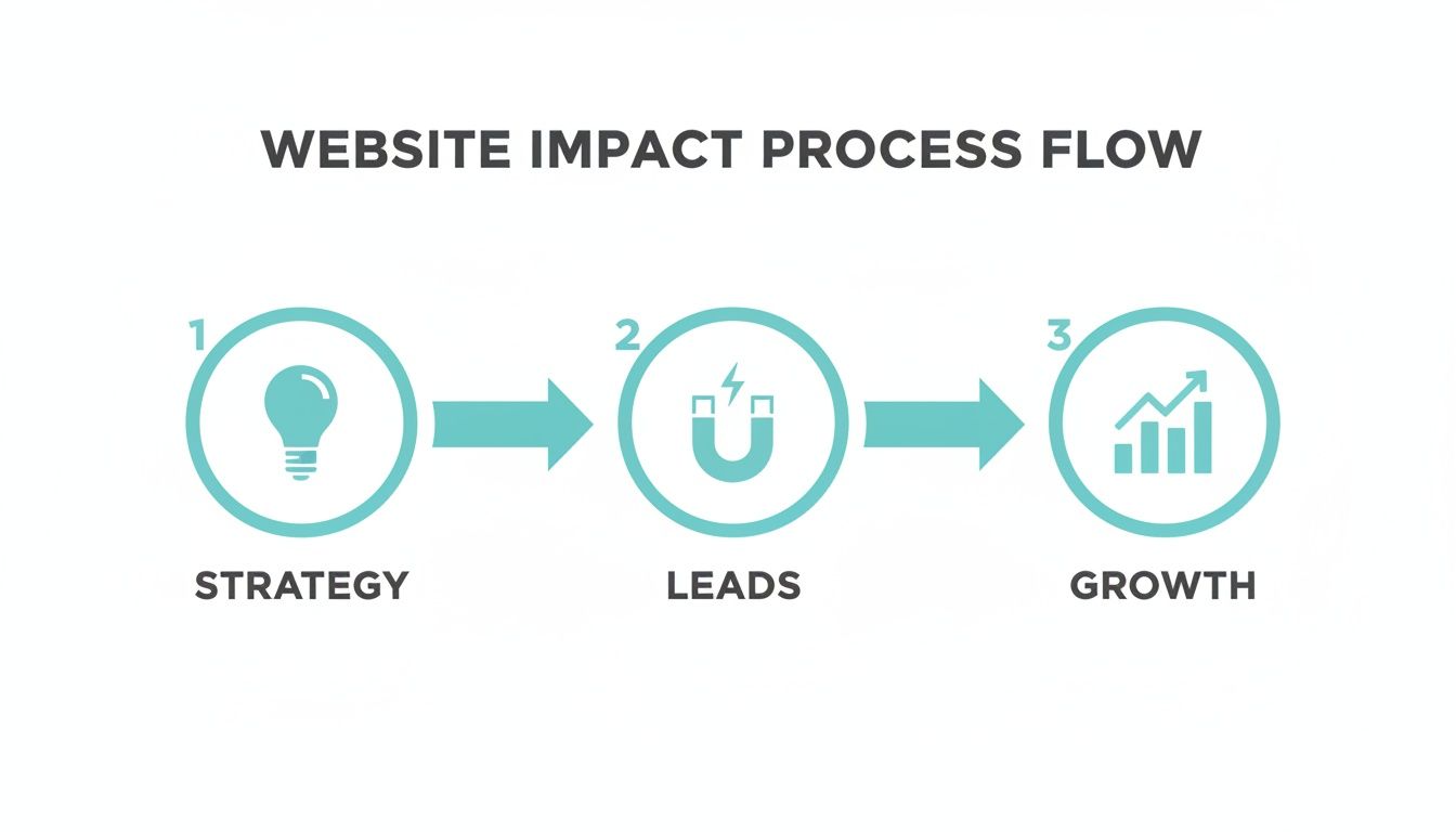 Website impact process flow diagram showing strategy, leads, and growth stages with icons.