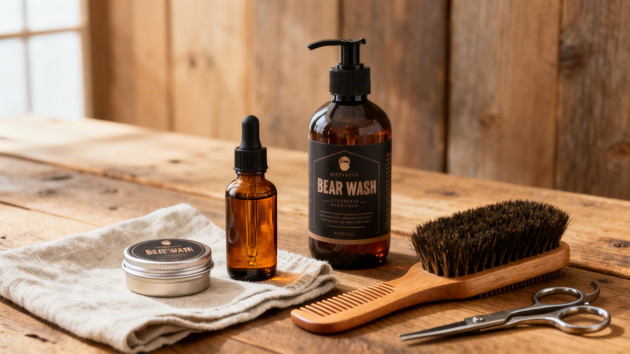 A complete beard care kit with wash, oil, balm, brush, comb, and scissors on a wooden table.