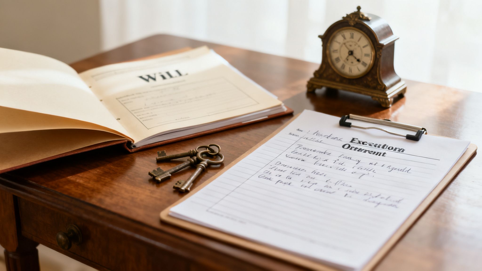 Open Will document and executor notes on a wooden table with keys and a vintage clock, symbolizing the management of a deceased estate in Adelaide.