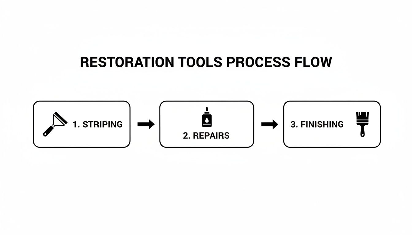Restoration tools process flow diagram illustrating steps: striping, repairs, and finishing for wooden furniture restoration.