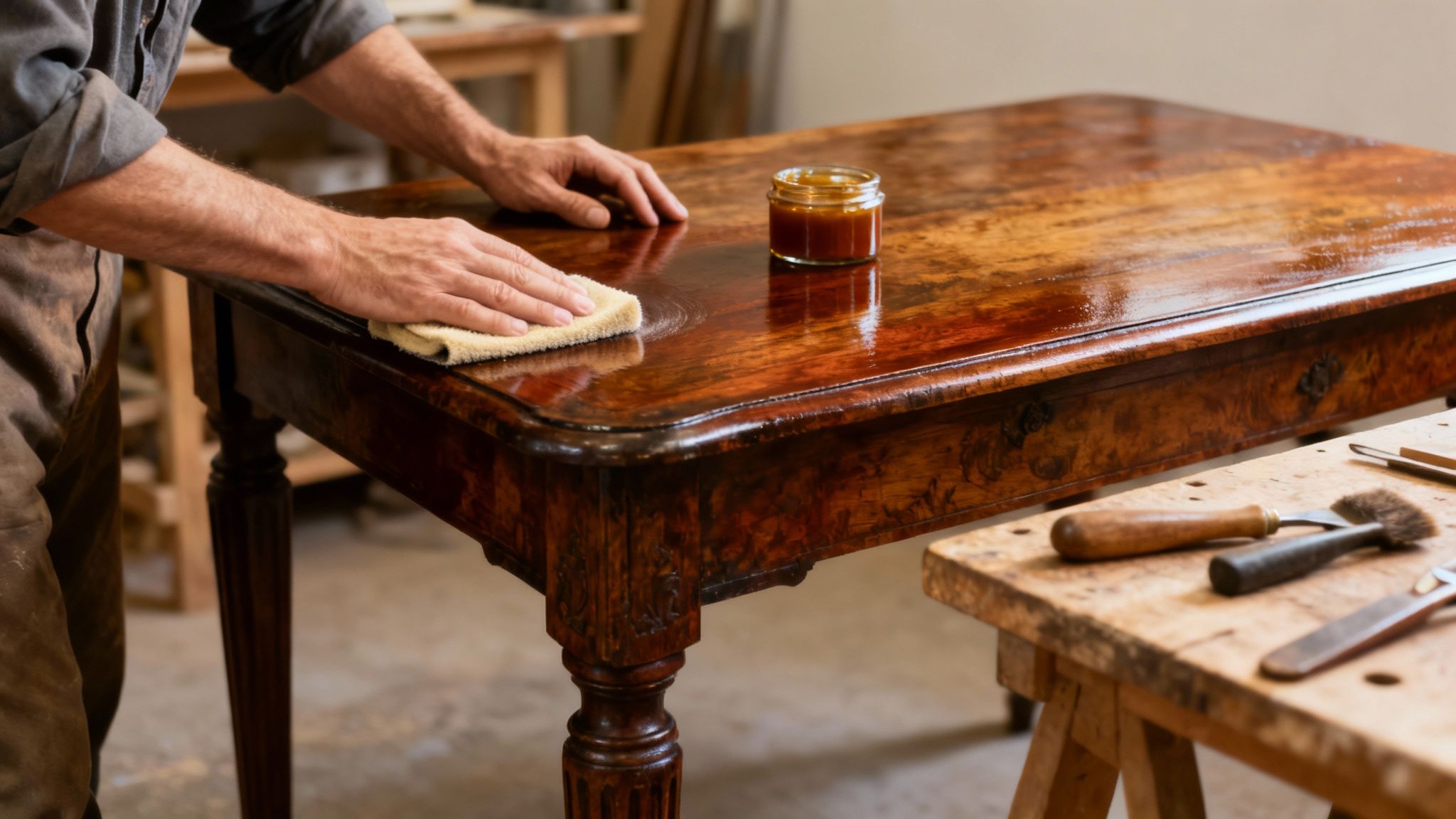Close-up of a person polishing a rich, glossy wooden table with a soft cloth.