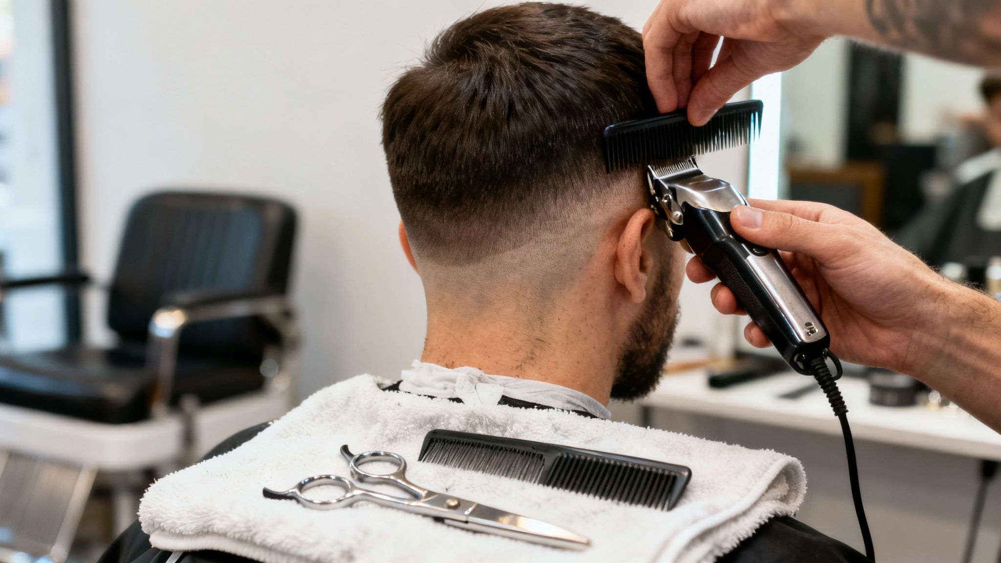 Hands of a barber using clippers and a comb to give a man a fresh fade haircut.